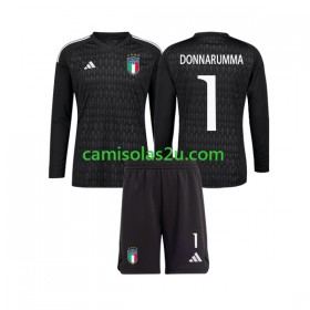 Camisolas de futebol Itália Donnarumma 1 Guarda Redes Criança Equipamento Alternativa 2023 Manga Comprida